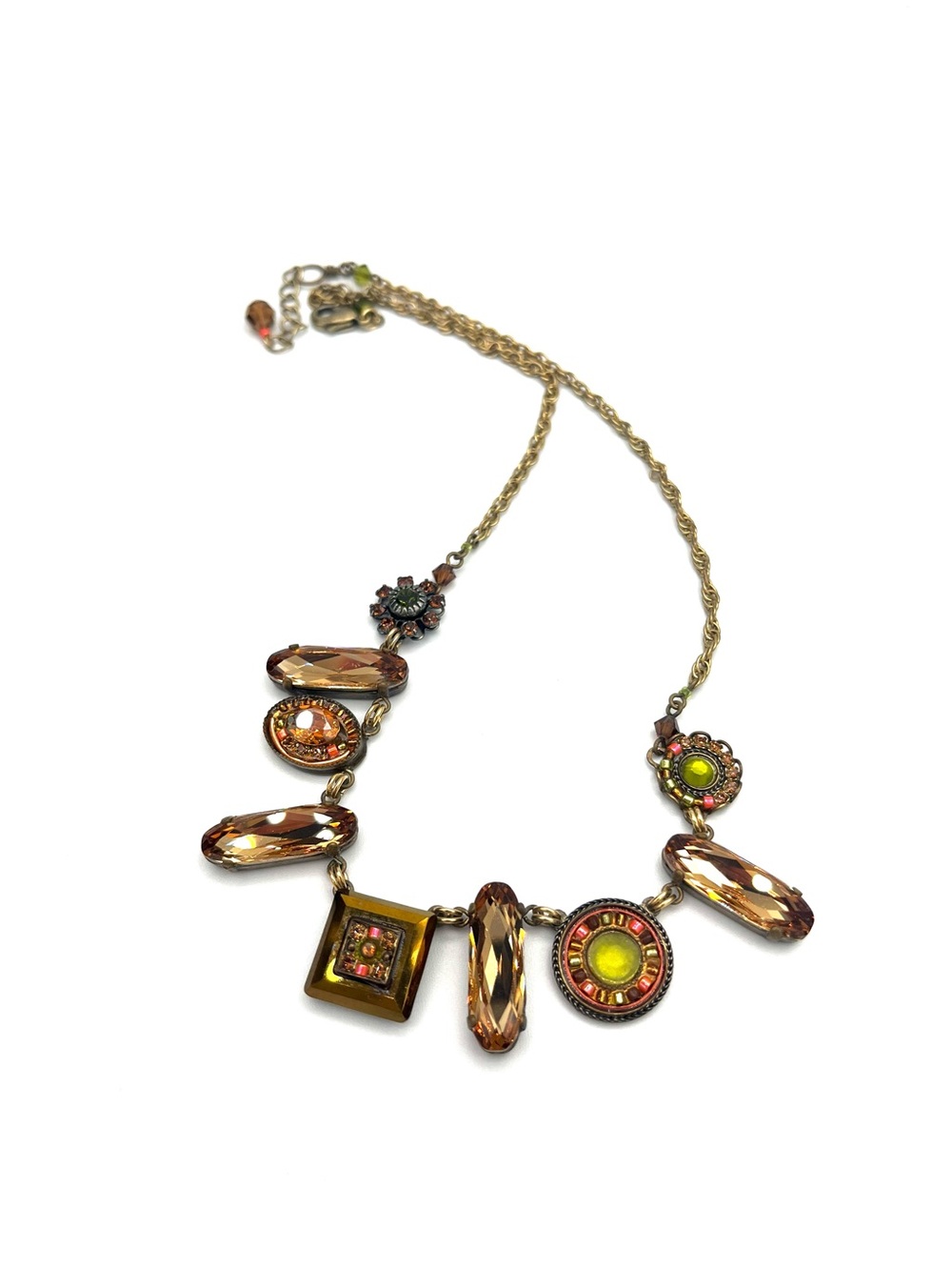 Firefly/Swarovski Golden Crystal Mosaic Statement Necklace with Coral Green